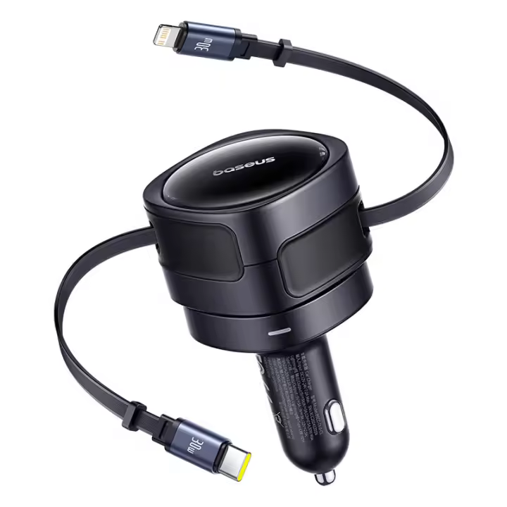 Baseus Car Charger 60W USB-C Tipo-C Con Cables Retráctiles Doble PD QC SCP AFC PPS Carga Rápida Para Tableta iPhone Samsung Huawei - 1