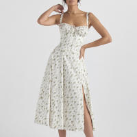 Vestido De Playa Para Mujer Con Estampado Floral Cuello Cuadrado Ajuste Frontal Y Abertura En Pierna Midi Polyester Sin Mangas Vestido De Noche - details 62