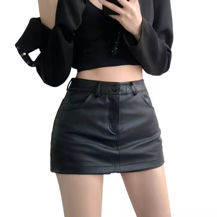 Shorts De Cuero PU Para Mujer Cintura Alta Moda Verano Pantalones Cortos De Encaje Con Bolsillos Comodidad A-Line Longitud De Rodilla - 1