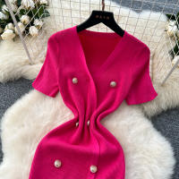 Vestido Tejido REALEFT 2025 Para Mujer Verano Cuello En V Corto Manga Metálico Botones Cintura Alta A-Line Longitud Media - details 16