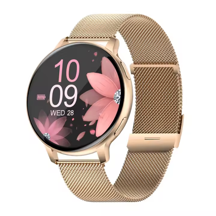 Smartwatch para Mujer - 1.39" Pantalla Táctil IPS, Impermeable, Multifuncional, 230mAh Batería, Compatible con iOS, Monitoreo de Salud (Ritmo Cardíaco, Sueño, Oxígeno en Sangre) - Estilo Deportivo, correa de acero dorada - 1