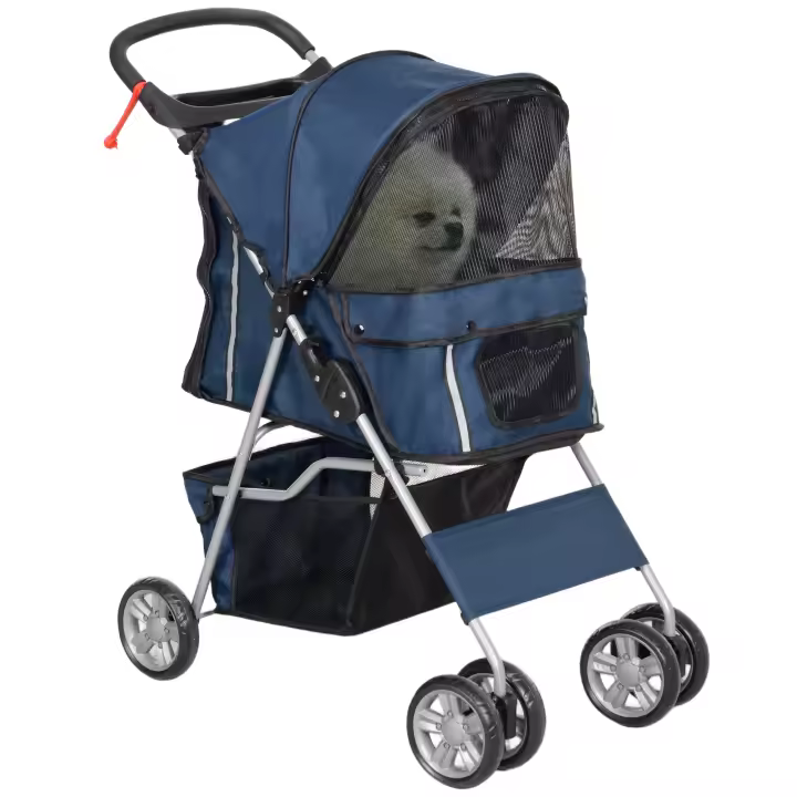 PawHut Cochecito para Mascotas Plegable Carrito para Perros Gatos con Toldo Ajustable Cesta de Almacenaje Ventanas y Portavasos Tela Oxford y Frenos 75x45x97 cm - 1