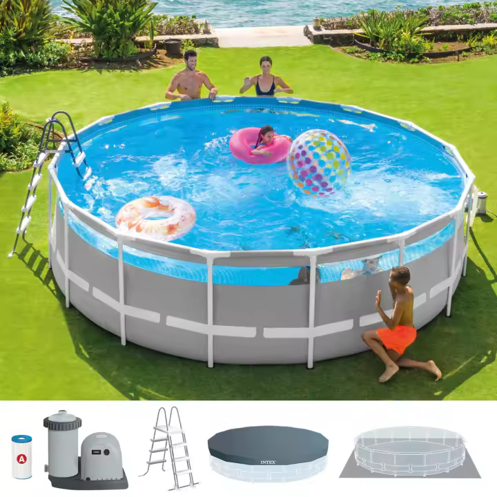 INTEX - Piscina desmontable redonda Clearview de hasta 5 metros de diámetro, color gris, ventana panorámica, incluye depuradora, tapiz, cobertor y escalera, resistente y duradera, +6 años, 45 min. montaje, piscinas desmontables, piscinas familiares - 1