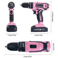 Destornillador inalámbrico de alta potencia, taladro eléctrico recargable, batería de litio, velocidad de 1400rpm, herramientas multifuncionales, taladro de impacto 25 + 1 par 21 V bolsa de diamante rosa juego integrado - details 5