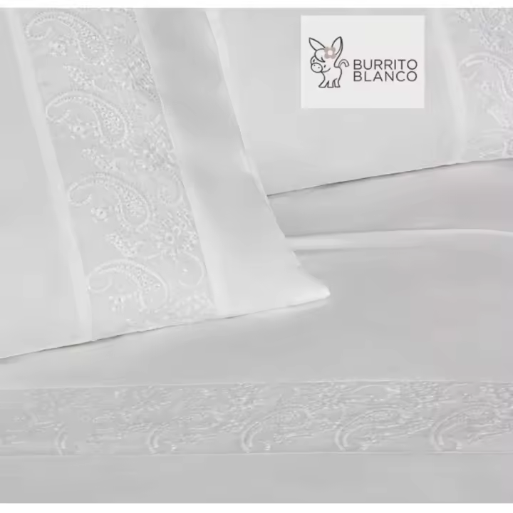 Burrito Blanco Juego de Sábanas Bordadas Algodón Percal 200 HILOS Modelo 402 BLANCO de 150 cm - 1