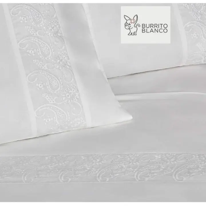 Burrito Blanco Juego de Sábanas Bordadas Algodón Percal 200 HILOS Modelo 402 BLANCO de 150 cm - 1