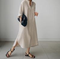 Vestido De Mujer REALEFT 2024 Algodón Lino Primavera Verano Con Bolsillo Cierre Simple Split Lateral Estilo Casual Longitud Media Pierna - details 6