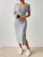 Vestido De Verano Para Mujer Con Cuello Cuadrado Y Falda De Medio Tamaño Vestido Corto Con Abertura Versátil De Poliéster Slim Fit - details 1