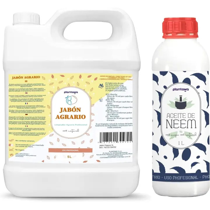 PLANTAWA Pack Jabón Potásico 5L + Aceite de Neem 1L | Solución Multiusos | Fácil Aplicación y Máxima Eficacia | Versátil | Uso en Interior y Exterior | Productos de origen natural - 1