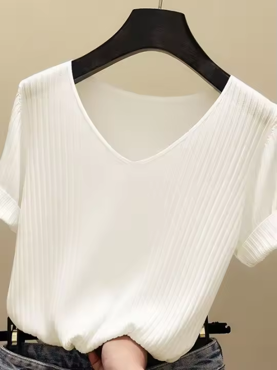 Camiseta De Mujer De Verano Con Cuello En V Y Manga Corta Tejida En Color Negro Y Naranja Estilo Slim Para Ocio Casual - 1
