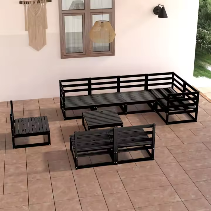 vidaXL Juego de muebles de jardín 9 piezas negro madera maciza de pino - 1