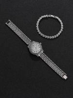 Reloj De Cuarzo Para Mujer 2023 Set De 2 Piezas Lujo Moda Correa De Plata Pulsera De Aleación Regalo Para Damas Estilo Elegante - details 2