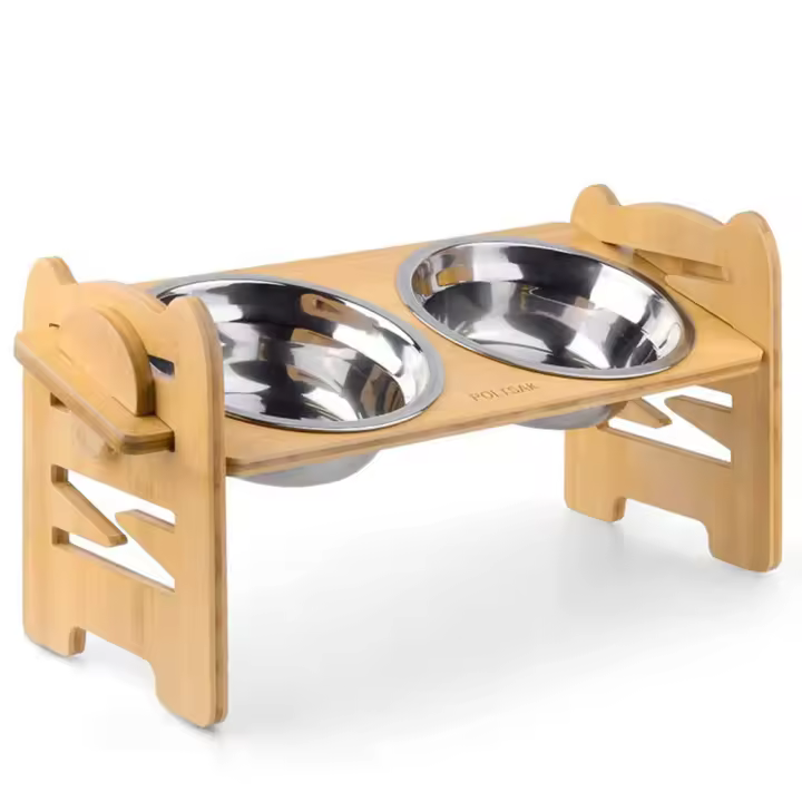 Cuenco para perros con soporte, cuenco de alimentación ajustable en altura para perros grandes y extra grandes, estación de alimentación de bambú duradera con 2 cuencos de acero inoxidable y pies antideslizantes - 1