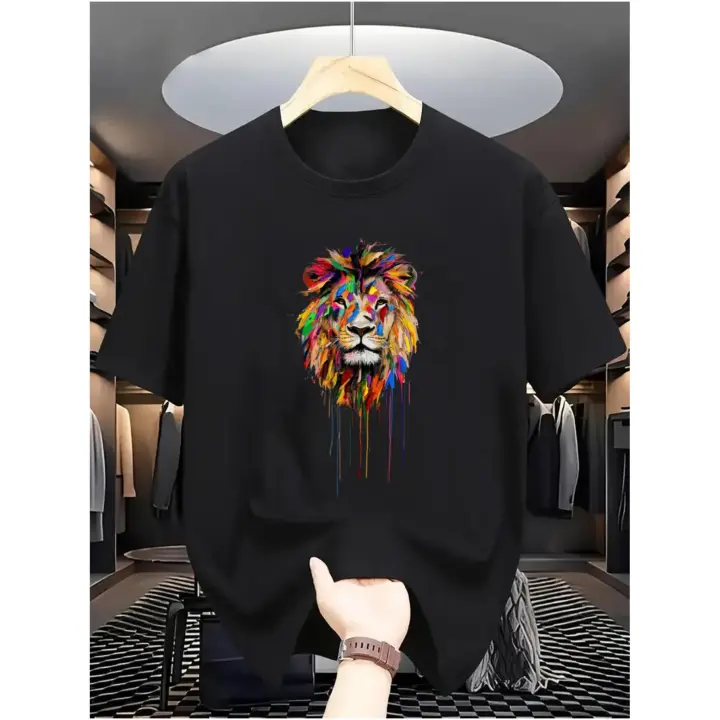 Men's 100% Cotton Casual Tee with Vibrant Watercolor Lion Head Print - Comfortable Round Neck Short Sleeve T-Shirt, Breathable & Soft for Casual Attire - 1