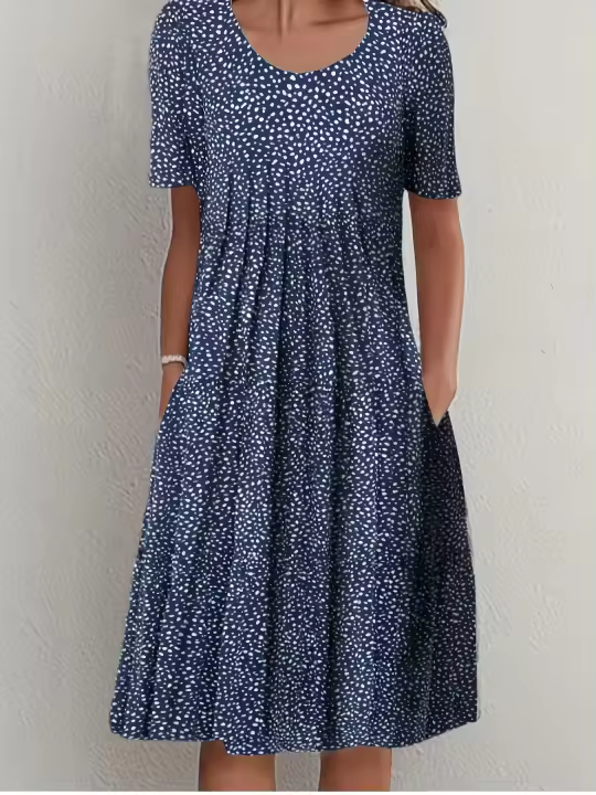 Vestido Corto Elegante Para Mujer Con Cuello Redondo Y Estampado Manga Corta Primavera Verano A-Line Midi Polyester - 1