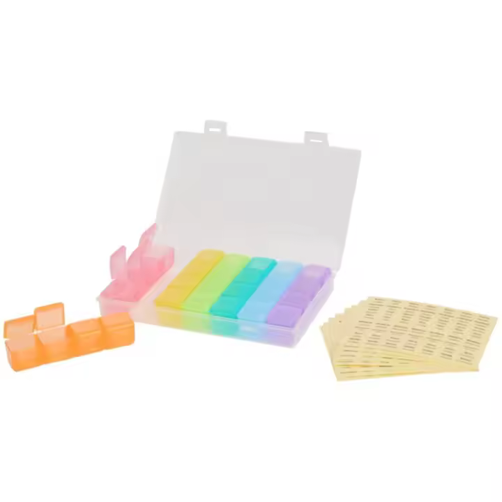 Pastillero Semanal 4 Tomas con 28 Compartimentos, Organizador de Pastillas Multicolor y Personalizable con Pegatinas - 1