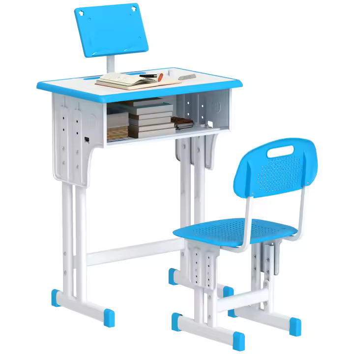 HOMCOM Juego de Escritorio y Silla para Niños de 6-12 Años Pupitre Infantil Altura Ajustable con 1 Cajón 1 Ranura para Lápiz y 1 Estante para Libros Acero 60x45x90-102 cm Azul - 1