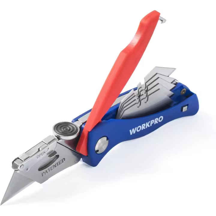 Navaja de bolsillo con mecanismo de cambio rápido y cortadora multiusos plegable profesional con 5 hojas trapezoidales SK5 adicionales en el mango, cortadora para alfombras, tela, cuero, PVC, cartón y papel - 1
