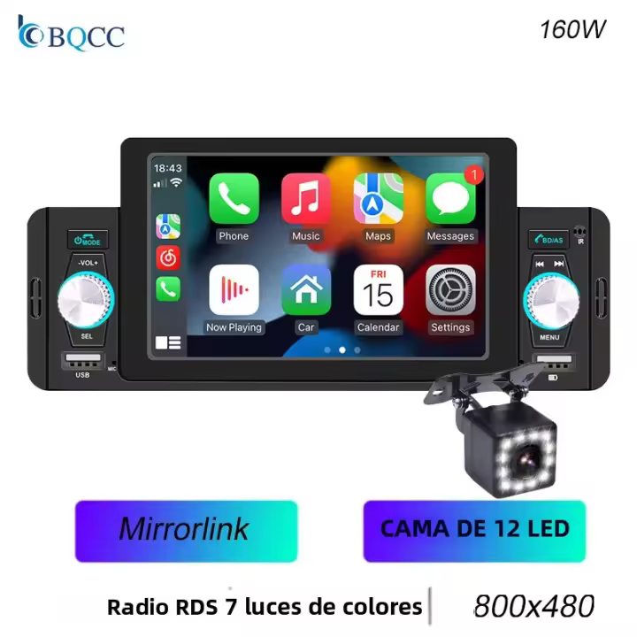 Juego De Luces LED Para Coche BQCC 1 Din 5" Reproductor De Multimedia Con Android Auto BT RDS Radio Mirrorlink 7 Colores USB Duplo Carga Rápida - 1
