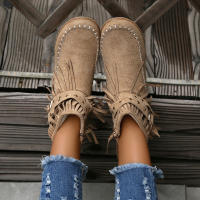 Botines De Otoño Para Mujer Zapatos Planos Botas De Tobillo Retro En Cuero Suelto Con Borlas Punta Redonda Suave Casual - details 10