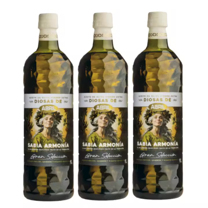 3 BOTELLAS DE 1L ACEITE DE OLIVA EXTRA VIRGEN GRAN SELECIÓN FRUTADO MADURO AMARGOR Y PICANTE ARMÓNICO SABIA ARMONÍA EL MILAGROSO EQUILIBRIO FRUTO DE LA TRADICIÓN DIOSAS DE ABRIL SABOR Y CALIDAD - 1