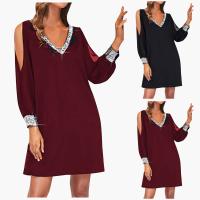 Vestido De Mujer Para Fiesta Noche V-Neck Con Lentejuelas Y Hombros Fríos Vestido Casual De Color Sólido Largo De Rodilla - details 1