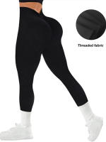 Pantalones De Yoga De Color Sólido Con Cintura Alta En V Y Costuras Sin Marcas Para Mujer Leggings De Gimnasio Y Correr Con Estiramiento Alto Tejidos En Ribete - details 3