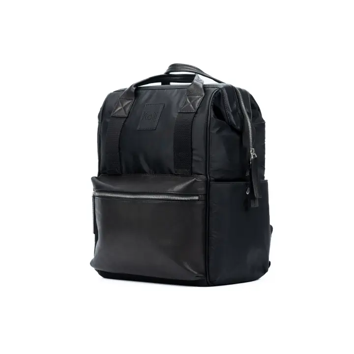 K0037AB | Mochila de cuero de nylon impermeable/Flor genuine complete with Grain Ligero-color Negro-Accesorios de Níquel brilliant. Dimensiones: CM 27x39x19-Package: Tnt Kaili Mood Bag - 1