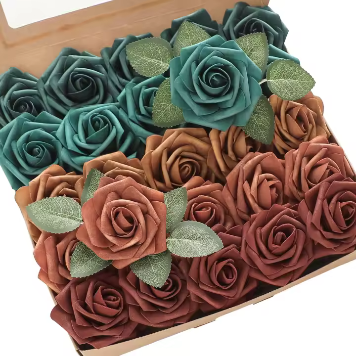 25pcs Flores Artificiales Verdes Turquesas Y Terracota Ombre Con Ramas Rosas PE Para DIY Arreglo De Boda Decoración Del Hogar - 1