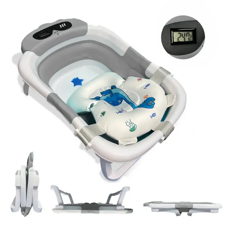 BATHBY Bañera Plegable Portátil para Bebés Recién Nacidos, con Cojín de Dinosaurio Antideslizante, Termómetro Integrado y Patas Antideslizantes, Compacta y Segura (Gris dinosaurio) - 1