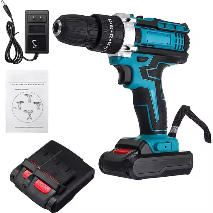 Kit de taladro atornillador inalámbrico, taladro eléctrico de impacto de 25 + 3 velocidades de 48 V, taladro percutor eléctrico de 3 funciones, destornillador inalámbrico de impacto con 2 baterías LED incorporadas (con 24 accesorios de broca) - 1