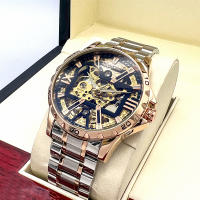 Reloj Mécanico De Lujo Para Hombres Con Cuarzo Automatico Y Esqueleto Dorado Iced out En Acero Inoxidable Reloj De Pulsera Casual Con Correa De Acero Inoxidable Y Luz Oscurecida - details 0