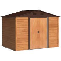 Outsunny Caseta de Jardín Exterior 4,84 m² 278x195x215 cm Cobertizo de Jardín Exterior Metálica con 2 Puertas Corredizas y 4 Ventanas para Almacenamiento de Herramientas Efecto Madera Natural y Café - details 0