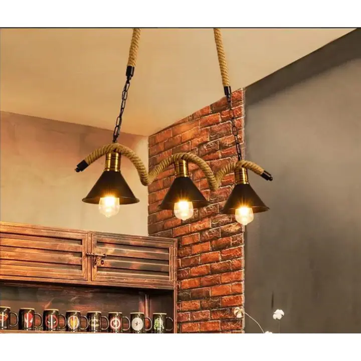 ONSSI Lámpara Colgante de Techo Vintage, Casquillo E27 Retro 3 Luces, Lámpara de Cáñamo de Estilo Rústico, Lámpara Para Bar, Cafetería, Restaurante - 1