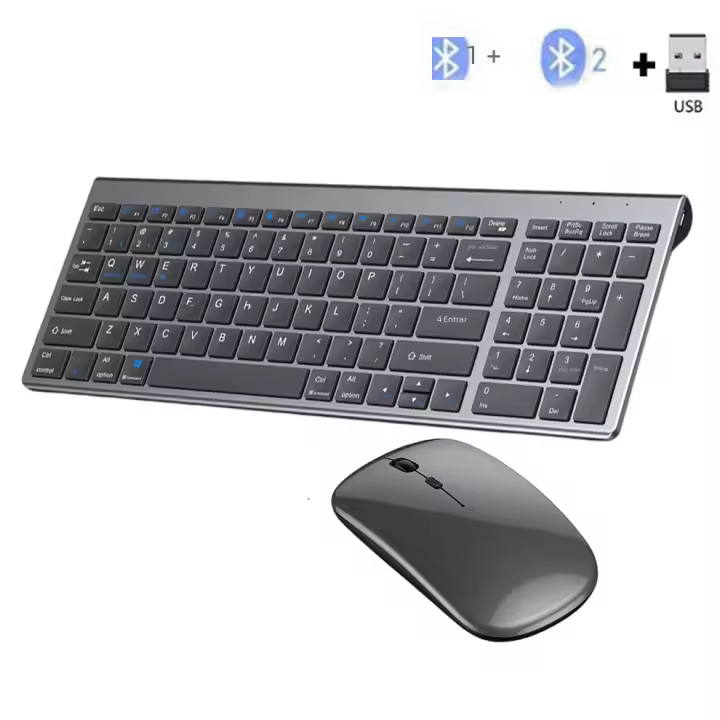 Teclado Y Ratón Inalámbricos Gris Bluetooth 5.0 Y 2.4G Recargables Tamaño Completo Para Portátil Compatible Con USB Y PS/2 - 1