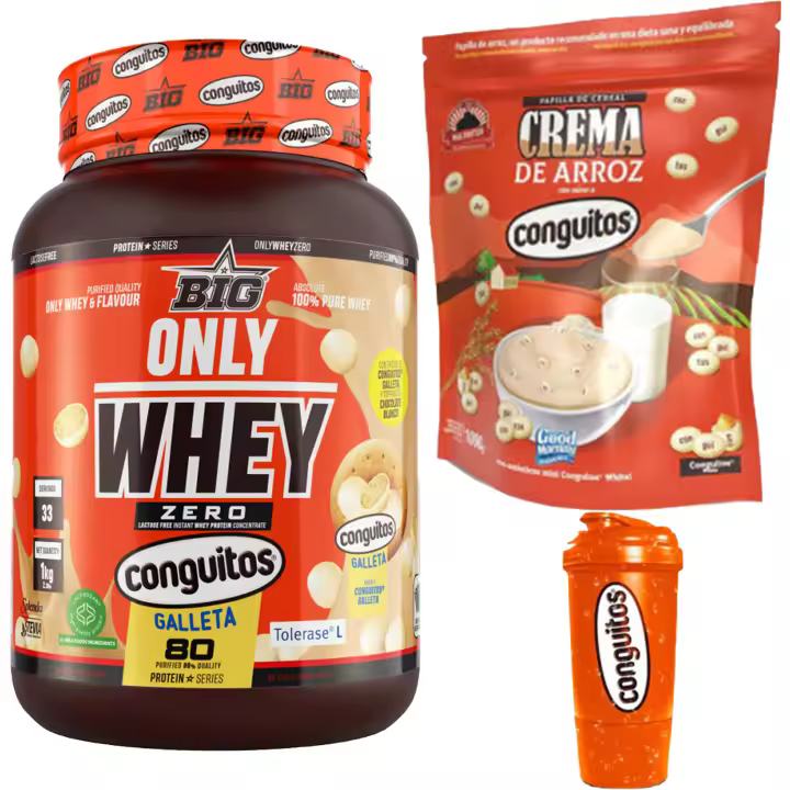 Pack Conguitos galleta white Fitness:1kg Proteína Sin Lactosa ,1kg Crema de Arroz y Shaker 500ml - 1