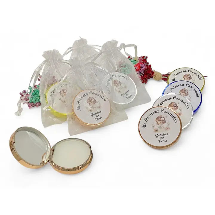 Lote de10 Bálsamos Labiales con espejo y aroma a Vainilla en bolsa de regalo de organza - regalos para Invitados de comunión niña - 1