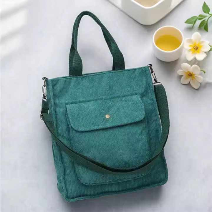 Bolso De Hombro Para Mujer De Corduroy Y Tela Con Bolsillo Exterior Bolso De Compras Casual Para Estudiantes Bolsa De Libros - 1