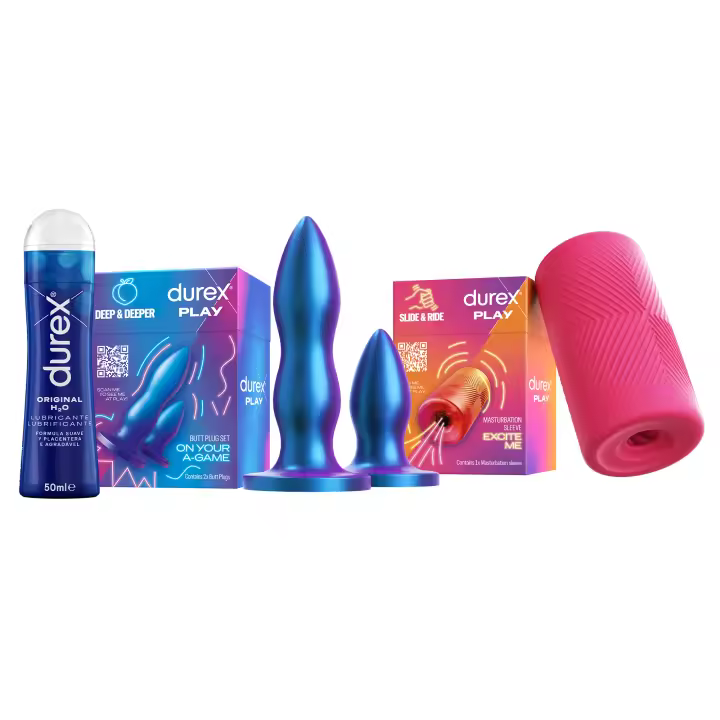 Durex Pack - Set de Plugs Anales DEEP & DEEPER, 2 tamaños distintos +  Masturbador SLIDE & RIDE, elástico, suave flexible y texturizado con estrías + Gel lubricante Original h2o 50ml - 1
