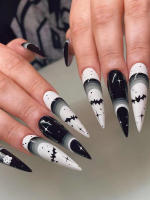 Juego De 24 Uñas Postizas En Forma De Almendra Estilo Punk Con Patrón De Murciélagos Blanco Y Negro Para Halloween - details 1