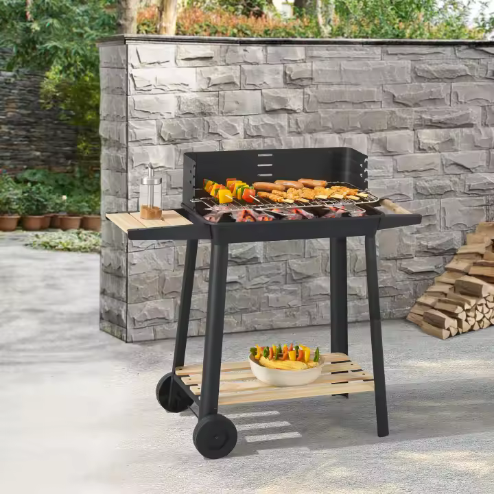 Barbacoa de carbón Ari con 2 ruedas 78x86x30cm - Negro/Madera [casa.pro] - 1