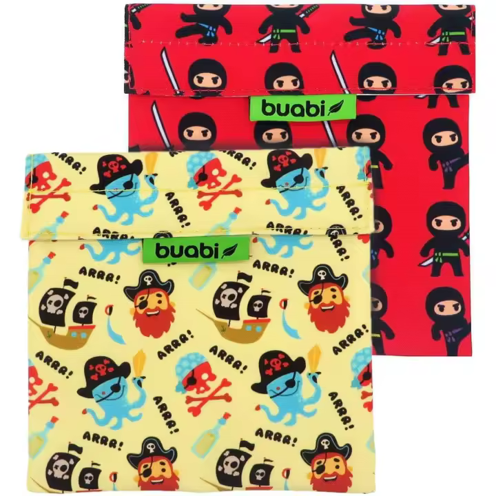 Buabi - Porta Sandwich Reutilizable - Bolsa merienda Infantil - Porta Bocadillos - Envoltorio Térmico de Tela, ecológico, Reutilizable, sin BPA (Piratas y Ninja) - 1
