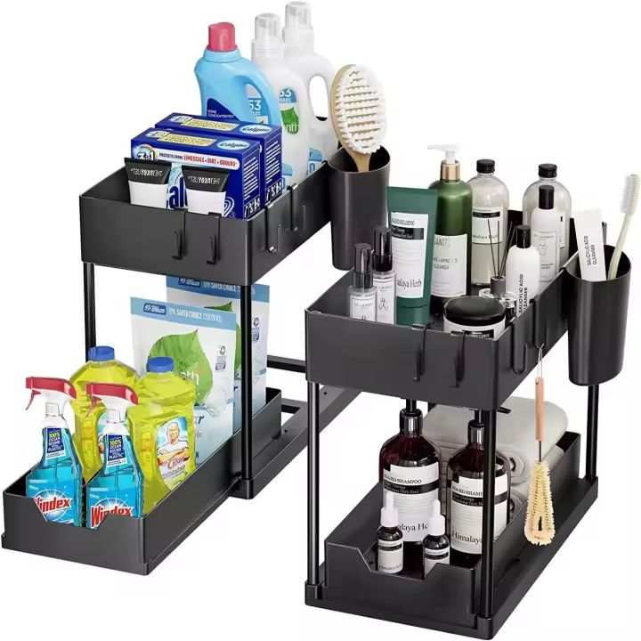 Organizador De Baño Inferior Con Dos Cajones Deslizantes, Estante De Almacenamiento Multifuncional Para Cocina Material Plástico - 1