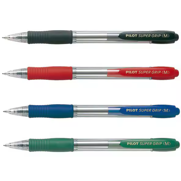 Pilot Bolígrafo Super Grip Retráctil Punta 1mm Recargable Tinta Base de Aceite (Pack 1 Azul, 1 Negro, 1 Verde y 1 Rojo) - 1