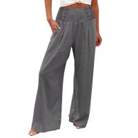 Pantalones Palaciegos De Lino Algodón Para Mujer Cintura Alta Baja Elasticidad Estilo Casual Con Bolsillos Y Botones Color Sólido Verano - details 3