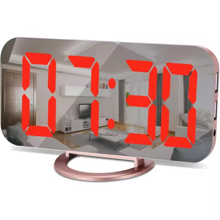 Reloj despertador para dormitorio, reloj digital LED de 6,5" y espejo, pantalla grande, con 2 puertos USB, atenuación automática, función de repetición, reloj de escritorio moderno para la mesita de noche de la habitación de las niñas - 1