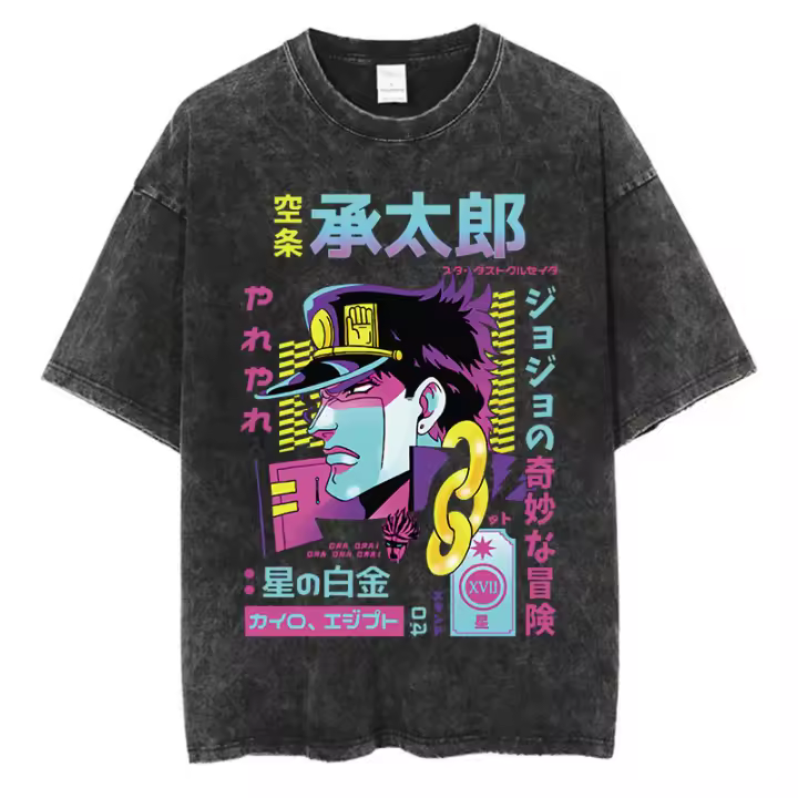 Camiseta Vintage Lavada Para Hombre Verano Estilo Hip Hop Streetwear Impresión Anime JoJo Bizarre Adventure Algodón Casual Manga Corto - 1
