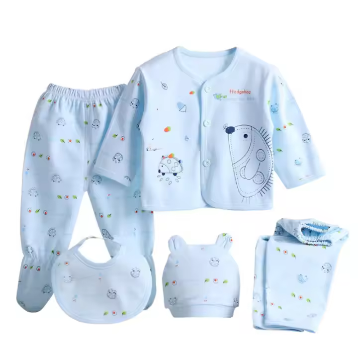 Conjunto De Bebé Recién Nasido 5 Piezas Camiseta 2 Pantalones Gorro Y Bata De Algagón Puro Transpirable Ropa De Bebé Niño Y Niña Estilo Casual Cuatro Estaciones - 1