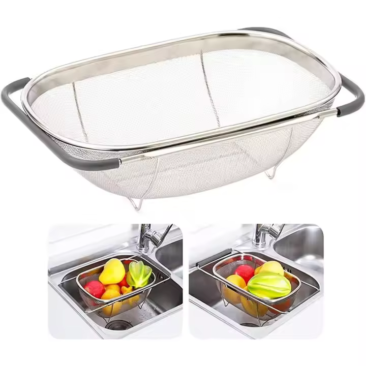 Colador sobre el fregadero, cesta de colador oval extensible de malla fina de acero inoxidable con asas de agarre de goma para fregadero de cocina - 1