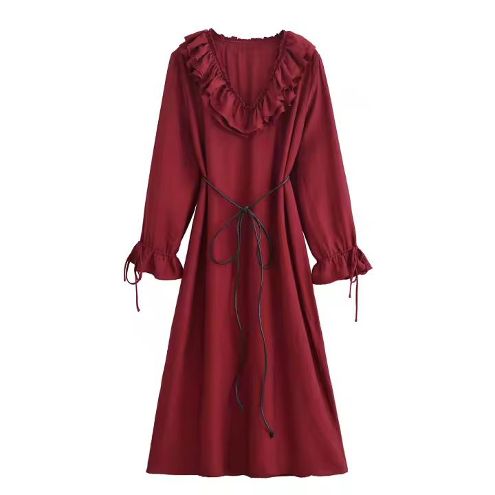 Spring 2025 Women Layered Ruffle V Neck A-line Midi Dress Long Sleeve With Belt Elegant Lady Dresses Burgundy Vestidos - 1